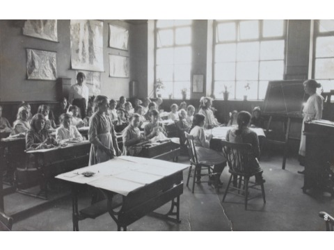 Sewing class at Andreas School. Date unknown