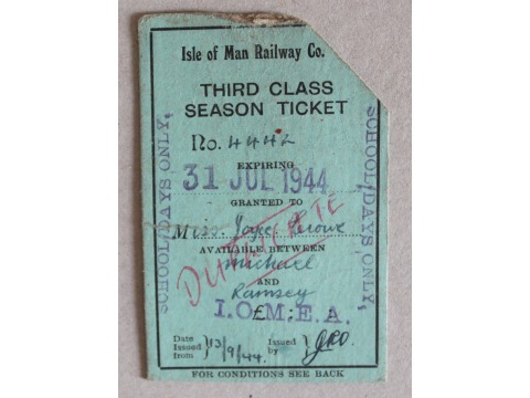 Front side of a third class season ticket for Miss Joyce Crowe (Mrs Joyce Kinley) valid for schooldays only