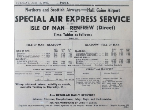 An advert for an air service from Hall Caine Airport, 1937