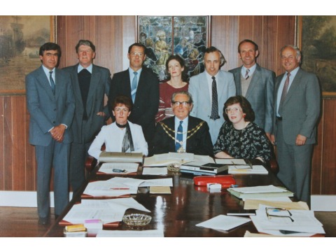 Mr Eric Kelly was a Peel Town Commissioner and is pictured here in 1984, in the Peel Town Commissioners Board Room. From left to right standing: John Lightfoot, Gerry Burden, Harry Kelly, Hazel Hannan, Mr Eric Kelly, Burt Quayle and Ian Cannell. From left to right sitting: Jackie Wade, Eddie Leece and Christine Moughtin 