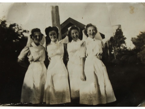 Nursing friends of Mrs Audrey Crowe at Ramsey Cottage Hospital. From left to right: Audrey Lyle, Isabel Quayle, Moira Bishop and Josie Breadner. Date unknown.