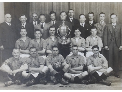 Braddan A.F.C in 1936. Tossie Clucas, the owner of Clucas' laundry, is standing on the far left.
