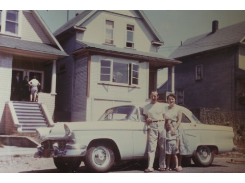 Mrs Joyce Kinley, her husband Malcolm and their son Alastair outside their house in Vancouver, 1957/58
