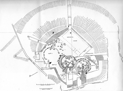 A plan, drawn up by Peter Gelling, shows the layout of the site as excavated. The later, rectangular building, is to the top right.